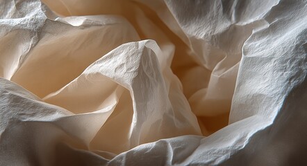 A close-up of crumpled white paper, capturing the texture and details of its soft folds. The background is neutral with subtle lighting to highlight the delicate structure of each piece of tissue