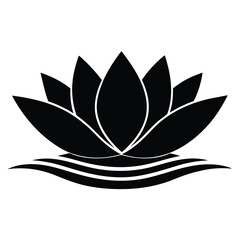 Vector art of a black lotus flower with water waves isolated on white background is a symbol of enlightenment