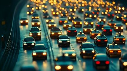 Urban highway traffic at twilight creates a mesmerizing blur of bright vehicle lights and reflections on the wet asphalt.