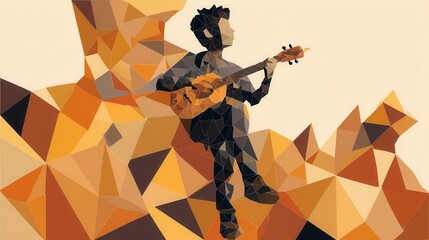 Person playing acoustic guitar against a backdrop of polygonal shapes.