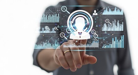 Business person interacting with a futuristic holographic display showing user profiles, data analytics, and performance charts.