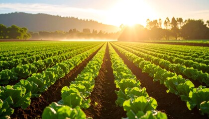 Rows of green lettuce growing in fertile soil at sunset in agricultural field