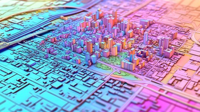 Jaringan digital, pusat jaringan, Vibrant digital cityscape in bright gradient colors illustrates a modern interconnected urban network