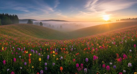 A scenic landscape view of a colorful wildflower meadow at sunrise with fog rolling through the distant hills.
