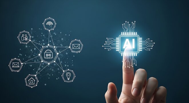 Human finger touching a glowing AI artificial intelligence chip with a connected smart home network