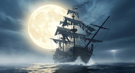 Ghost ship sailing stormy ocean moonlight