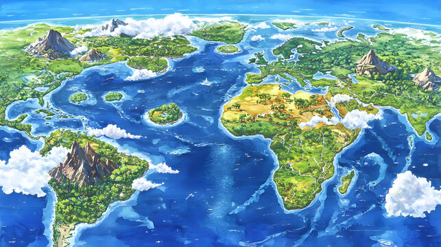 Global map, colorful, stylized, with varied landmasses, lush vegetation, and bodies of water, depicts a fantastical world