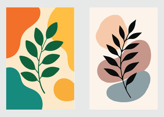 Modern Botanical Poster Featuring Line Art Leaves and Beige Color Palette
