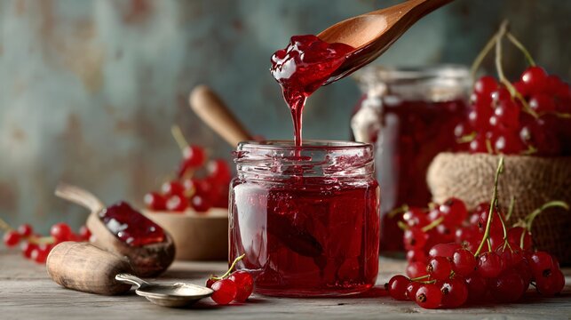 Still life with red currant jelly being poured into a jar, captured mid-action, rustic backdrop with wooden utensils and clean composition