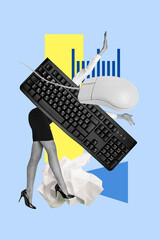 Vertical 3d poster art pop collage of anonym bodyless businesswoman instead head keypad mouse click crumpled paper office supplies