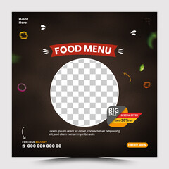 Delicious Food Menu Social Media Template with Offer Tag, Editable Restaurant Food Menu Design for Instagram Post, Modern Food Menu Banner Template for Online Promotion, Special Offer Restaurant Menu