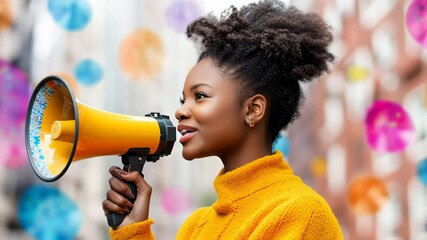 Voice of Empowerment: An elegant woman passionately speaks into a megaphone, her words amplified against a vibrant backdrop, symbolizing communication, activism, and the power of voice.