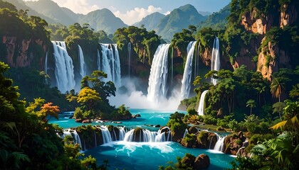 Fototapeta premium Lush, vibrant jungle scene with cascading waterfalls and turquoise pools