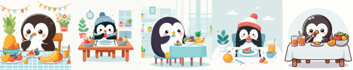 vector collection of cute penguins eating fruit