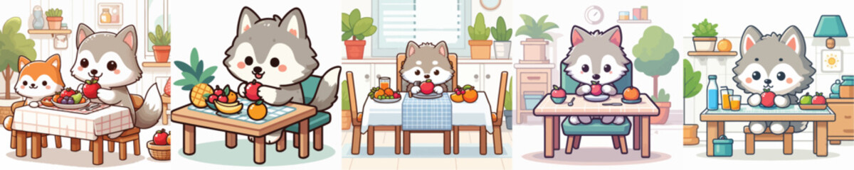 collection of cute wolf vectors eating fruit