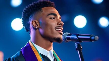 Stage Serenade: A charismatic young man with an elegant haircut, passionately delivering a speech into a microphone, bathed in stage lighting