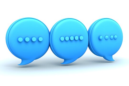 A row of glossy blue speech bubbles suggests continuous virtual dialogue.