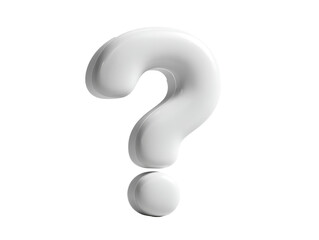 A 3D, stylized question mark in white.  It has a smooth, rounded, almost glossy appearance, set against a solid black background