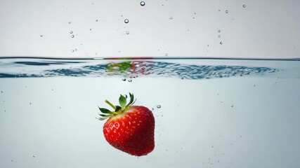 Vibrant strawberry splashes into crystal clear water creating dynamic ripples and refreshing bubbles - Powered by Adobe