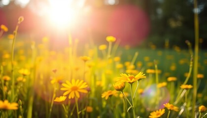Obraz premium Blurred sunlit meadow, vibrant yellow wildflowers, summer bokeh effect, plants, summer