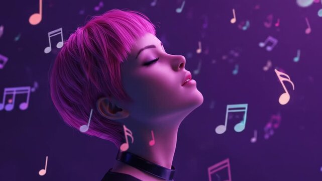 Woman with pink hair and music notes