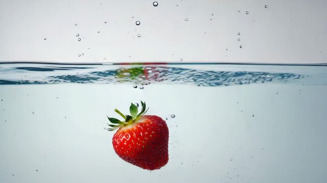 Vibrant strawberry splashes into crystal clear water creating dynamic ripples and refreshing bubbles - Powered by Adobe