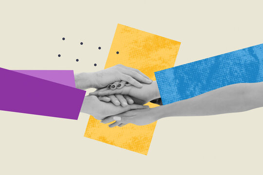 Creative pop poster sketch art collage of hands hold together high five support unity cooperation colleagues company development