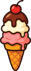 Cartoon Ice Cream Cone with Three Scoops and Cherry Topping