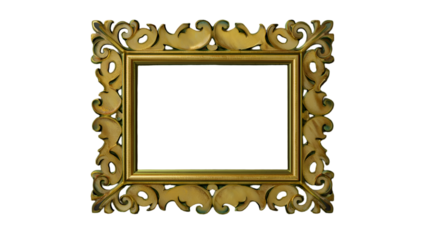 Ornate Gold Rectangular Picture Frame with Intricate Scrollwork and Beige Accents isolated on a transparent background