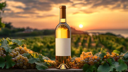 Fototapeta premium Mock-up of white wine bottle with sunset backdrop