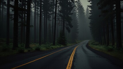 Fototapeta premium Winding Road Through Tall Evergreens in Moody Cinematic Light V7