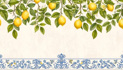 Lemon tree branches laden with fruit over ornate border
