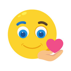Smiling Emoticon Character Holding Pink Heart in Hand Vector