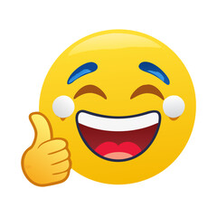 Excited Laughing Emoji with Thumbs Up Gesture Showing Approval and Happiness Vector