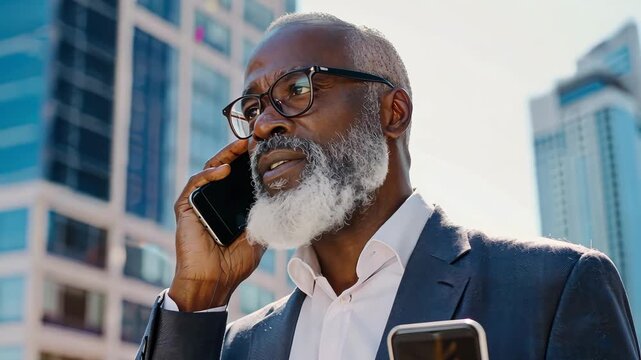 Smart Phone Call: A seasoned professional, immersed in conversation on his smart phone, with a backdrop of modern architectural marvels, epitomizes the fast-paced life and ambition of the modern age.
