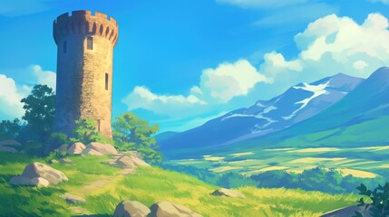 Medieval tower surrounded with green landscape illustration