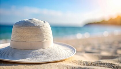 Pristine white hat on a sunny beach, perfect summer accessory white.