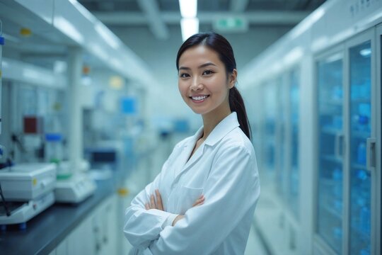 Confident Female Asian Scientist Standing by Advanced Bioreactors in a Modern Pharmaceutical or Biotechnology Laboratory