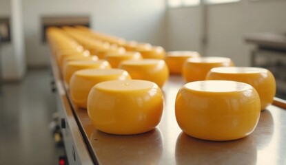 Yellow cheese wheels aligned on a conveyor belt in a modern processing plant. Glossy texture and symmetry highlight industrial food production and automation