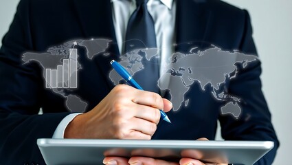 A closeup of a sophisticated businessman interacting with a futuristic interface, analyzing global economic data and financial charts on a tablet.