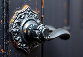 Intricate black metal door handle, close-up detail,  steel,  dark