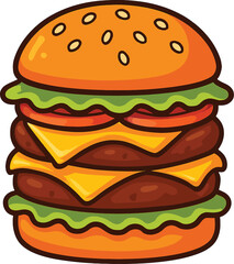 Cartoon Double Cheeseburger with Lettuce and Tomato on a White Background