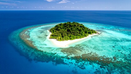 Lush tropical island with white sand beach, surrounded by vibrant coral reef in a vast ocean