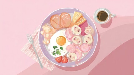Colorful illustration of a breakfast plate with assorted foods.