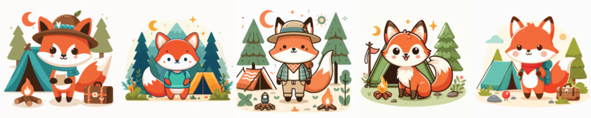 collection of cute fox vectors eating fruit