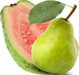 Fresh ripe green pear and half of a pink guava fruit with visible seeds and leaf isolated on transparent background