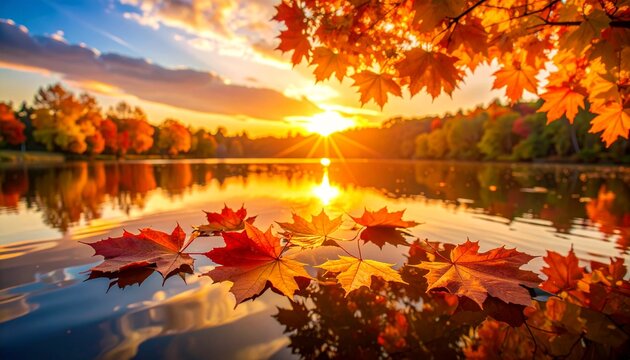 秋の夕焼けと水面に浮かぶ紅葉Generated image