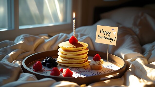 Cozy birthday breakfast in bed. Golden pancakes, fresh berries, a lit candle, and 'Happy Birthday' note create warm, intimate morning celebration.