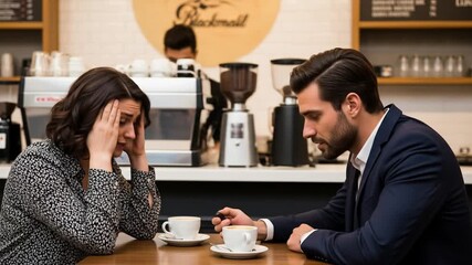 A tense conversation between a couple at a cafe over coffee. - Powered by Adobe