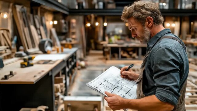 Architect reviewing blueprint in workshop filled with tools and materials for construction planning
